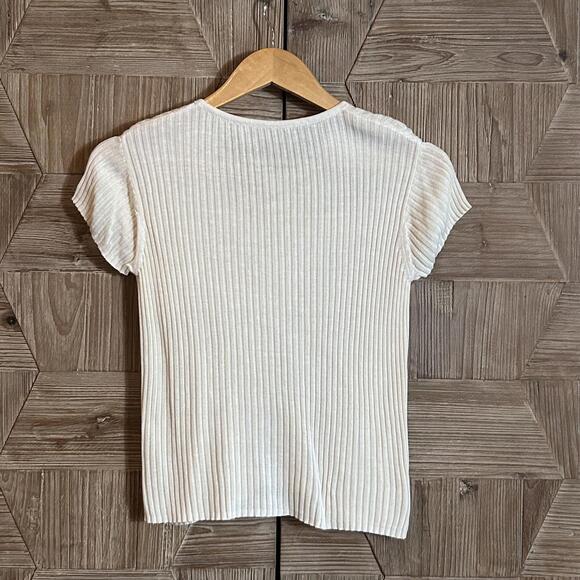Womens Cream Scoop Neck Sweater Short Sleeve Top Size S/M Ribbed Cottagecore - Picture 2 of 2